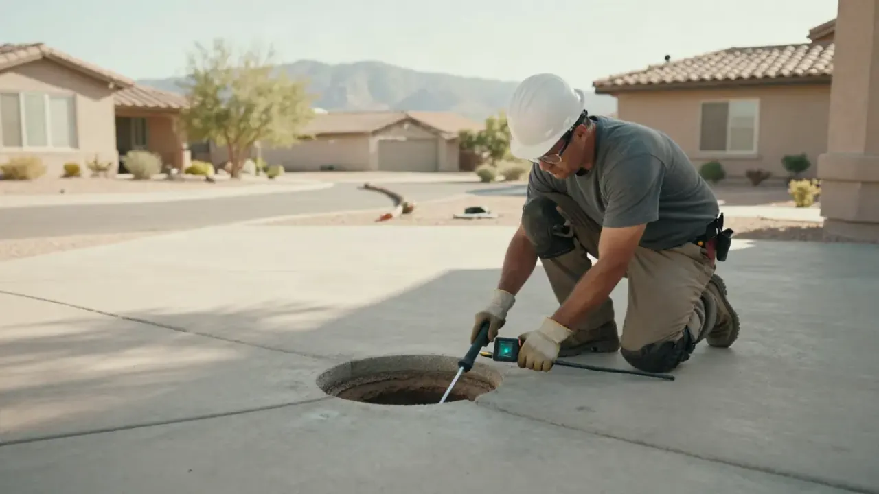 Slab Leak Repair in Avondale, Arizona: licensed plumber is carefully operating a specialized acoustic leak detection wand