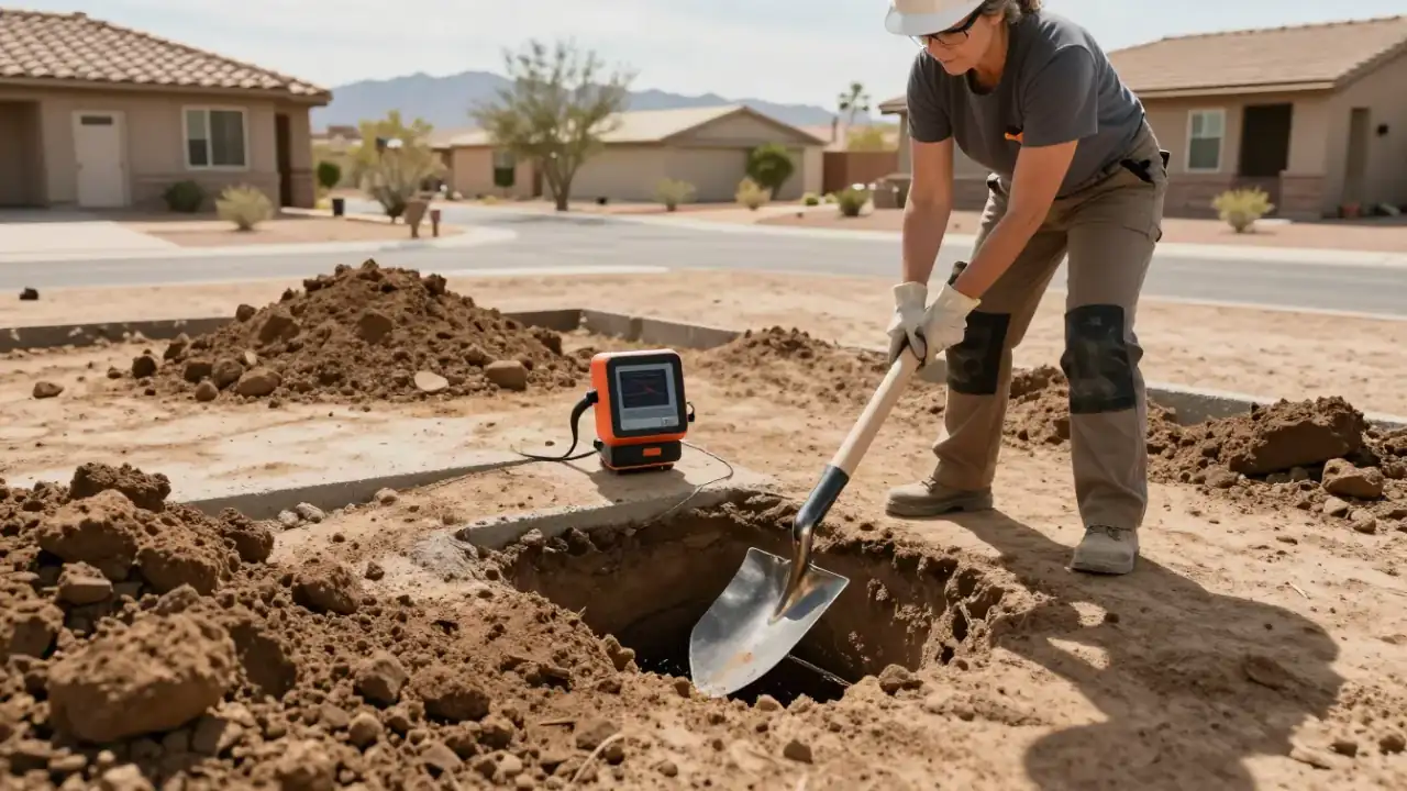 Slab Leak Repair in Avondale, Arizona: professional-grade trenching shovel and a pile of freshly excavated desert soil are