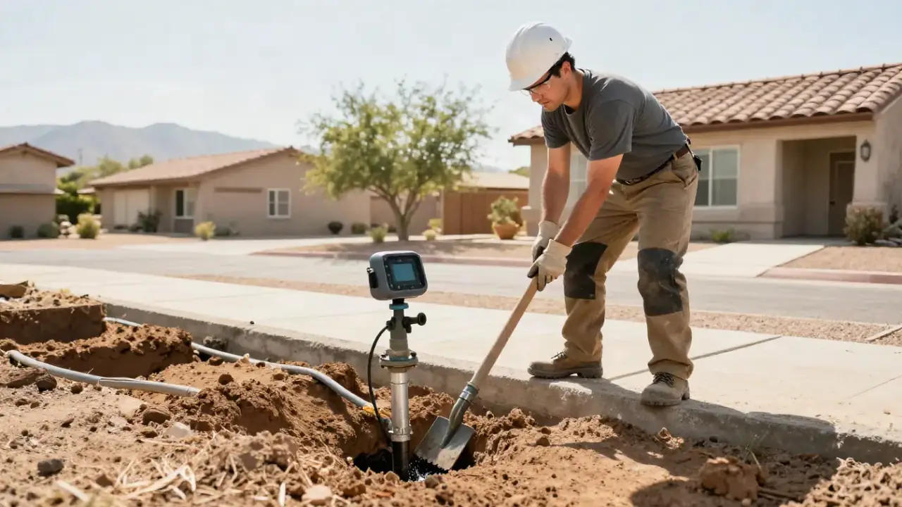 Water Service Line Leak Repair in Avondale, Arizona: licensed plumber is excavating a trench by hand near the main water