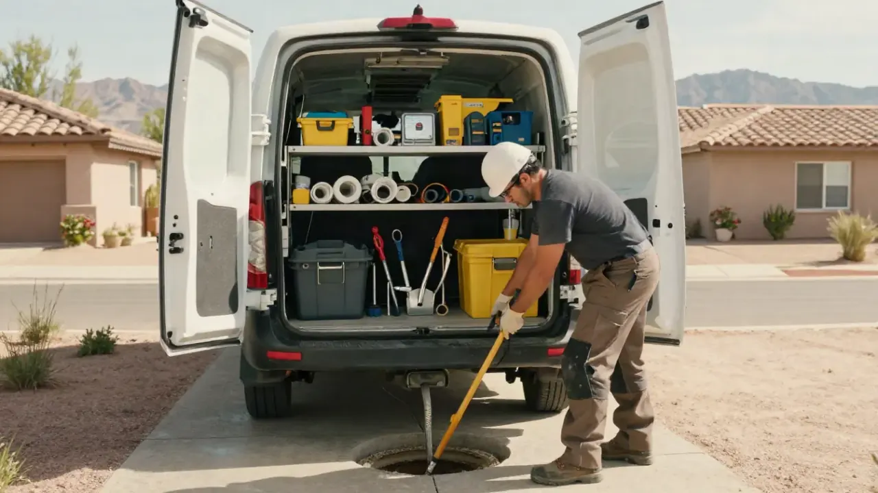 Slab Leak Repair in Avondale, Arizona: rear of a clean, well-organized service van with its doors open, revealing a range of