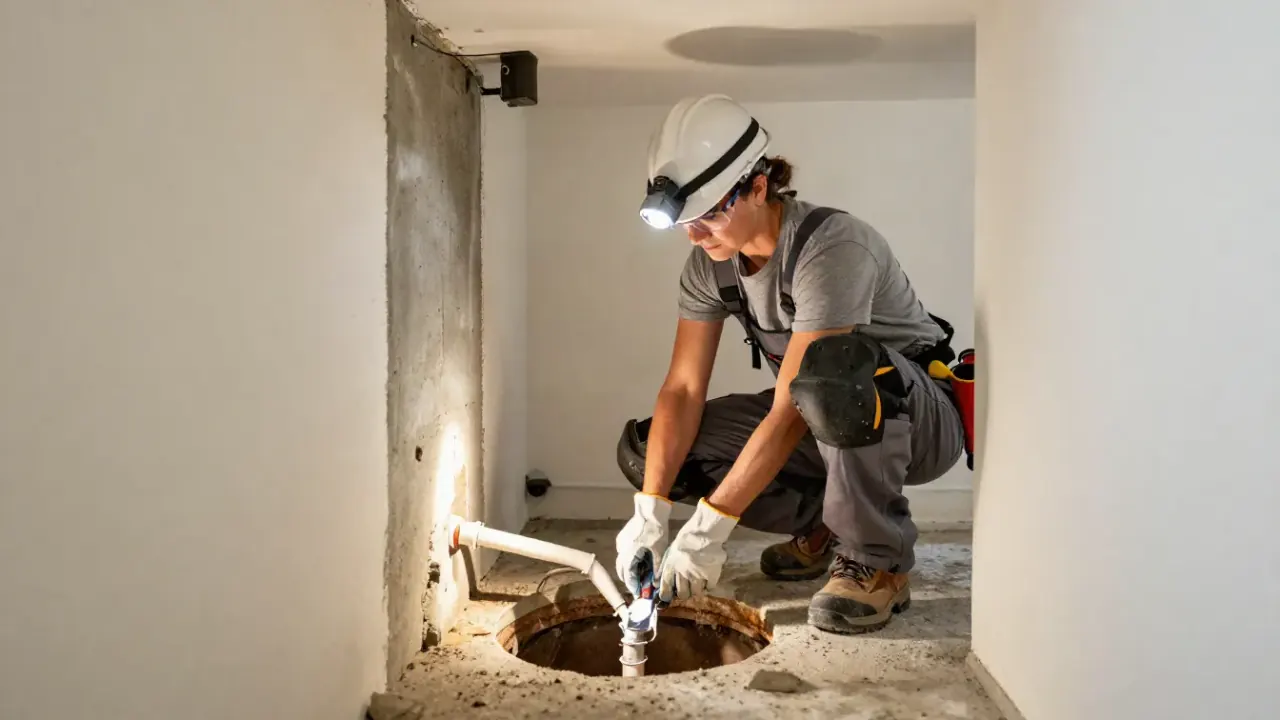 Slab Leak Tunneling (Under-Slab Access) in Avondale, Arizona: licensed plumber, wearing a hard hat and headlamp, is crouched