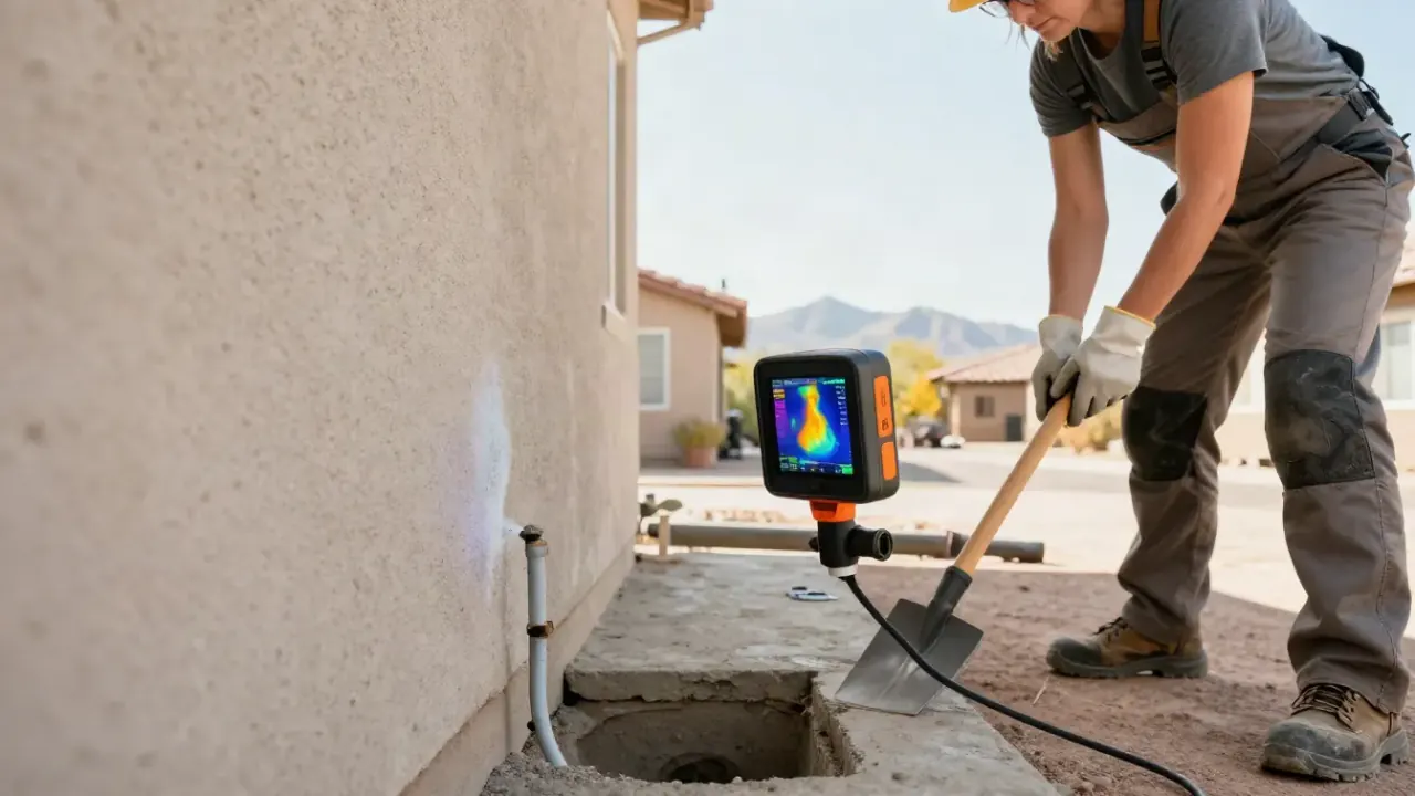 Slab Leak Repair in Avondale, Arizona: close-up view of a high-resolution thermal imaging camera's screen displaying a